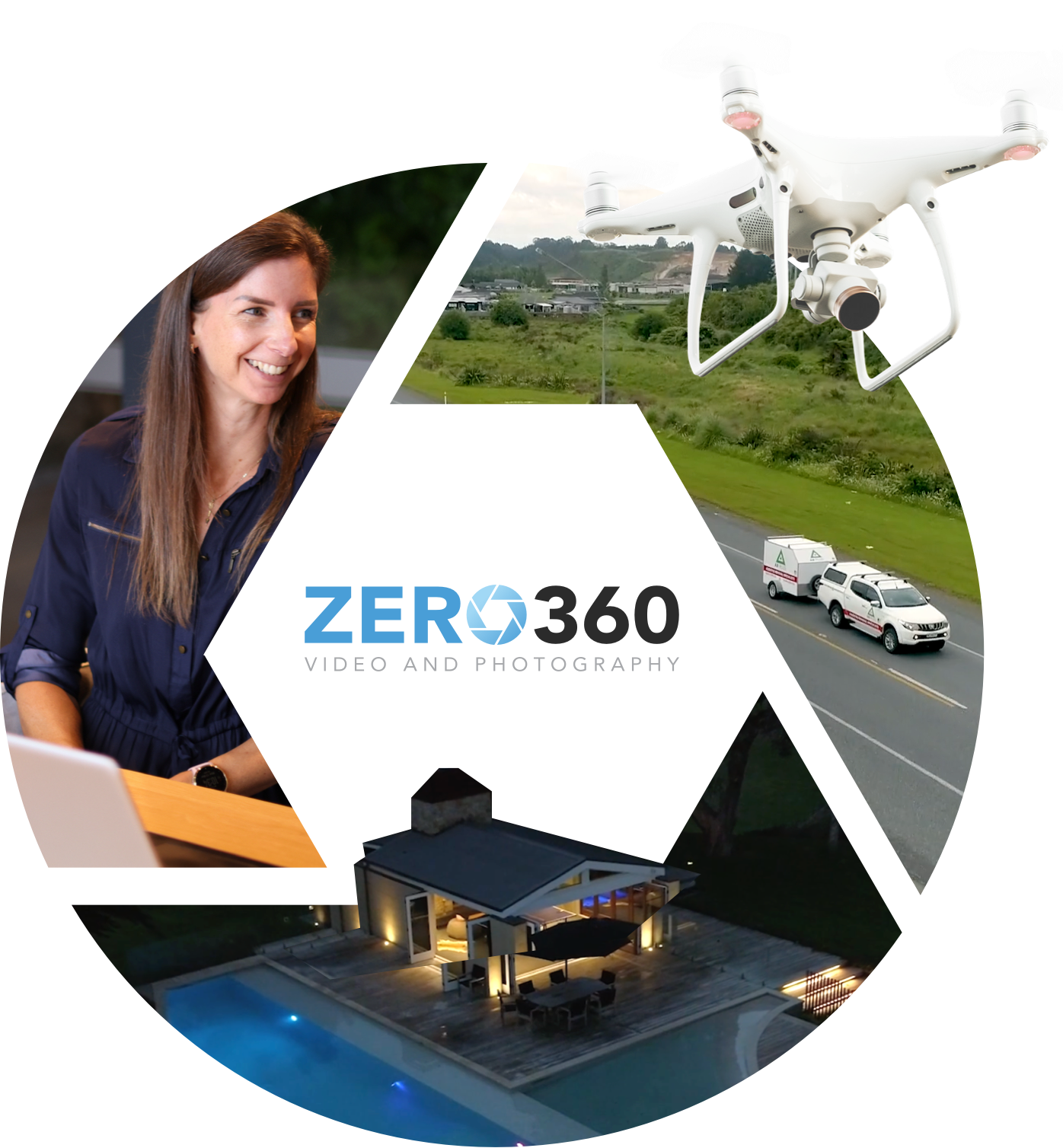 Drone super imposed over ariel photographs with Zero360 logo in middle.