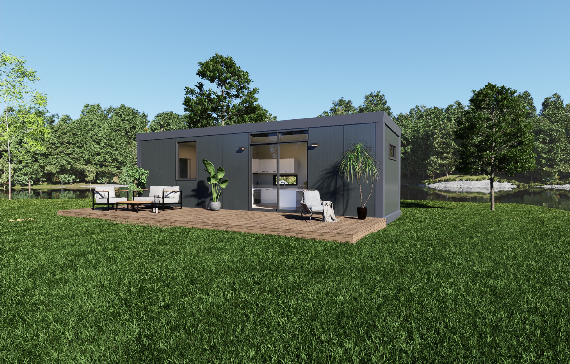 Pod home with a deck surrounded by grass.