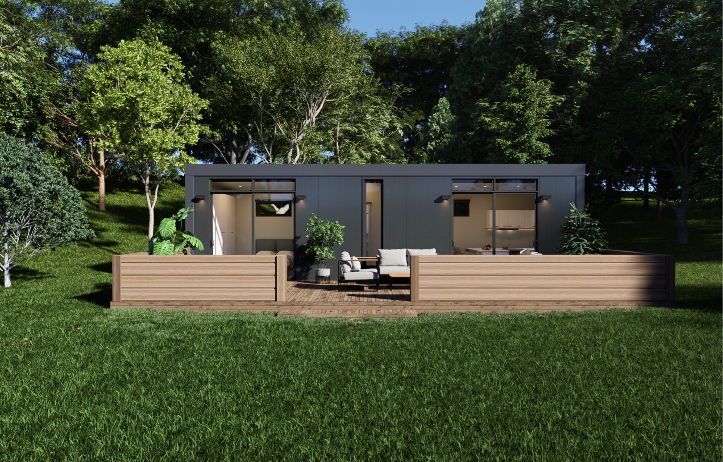 Pod home with a deck, railing and outdoor furniture.
