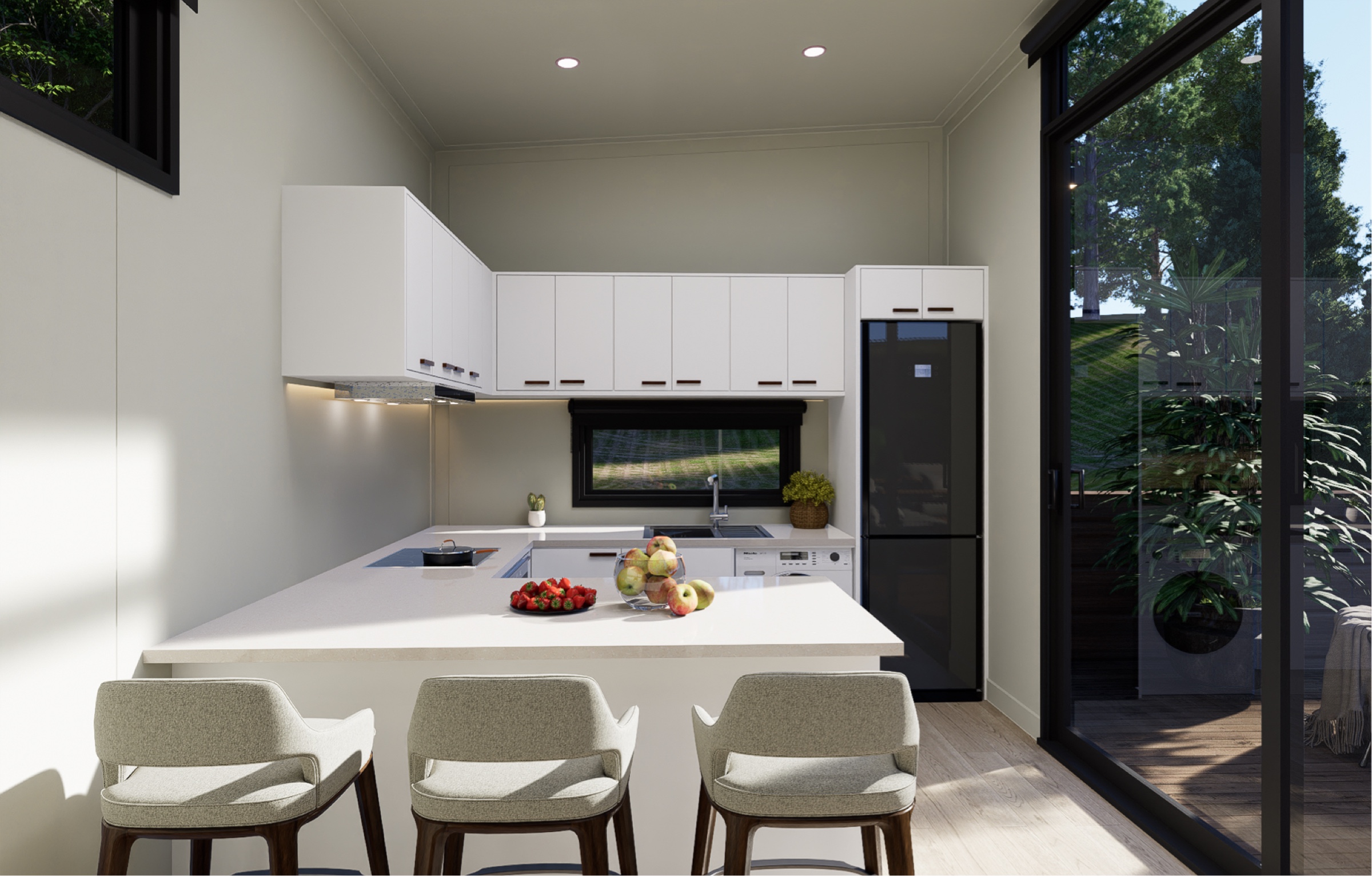 Modern kitchen with bar in a Podlife home.