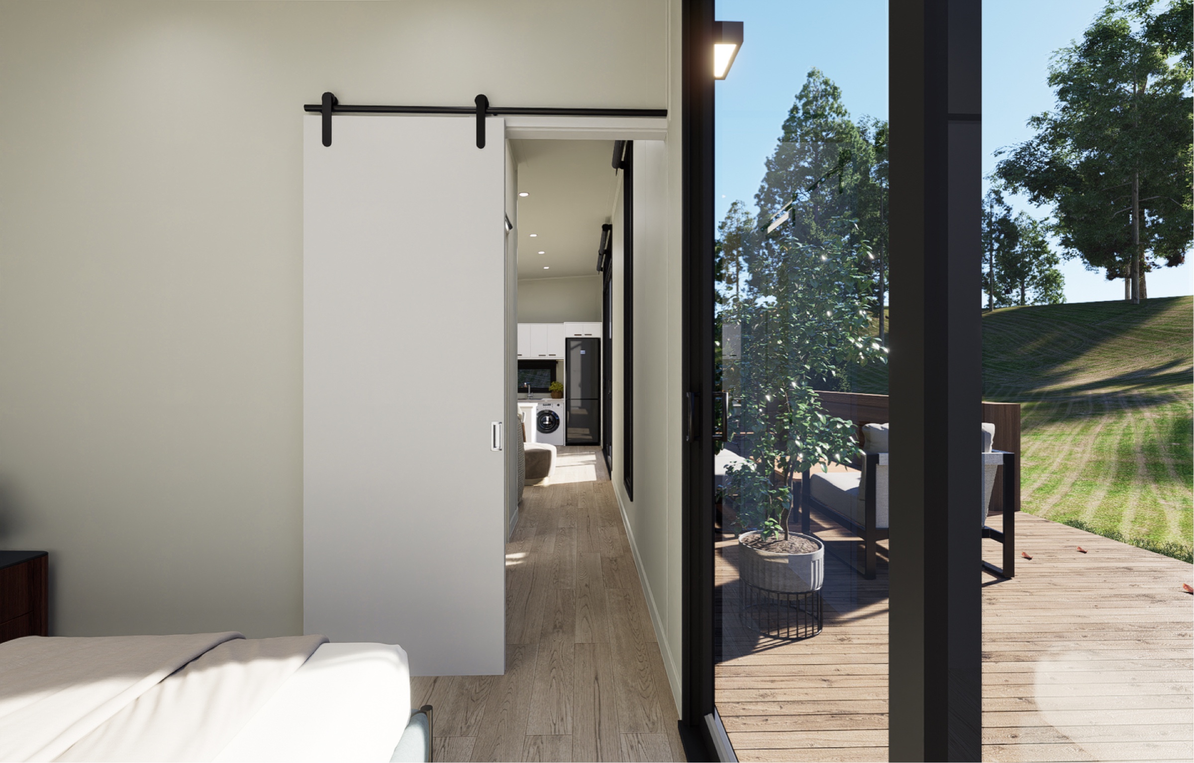 Hallway from bedroom showing access to a deck and the living area.