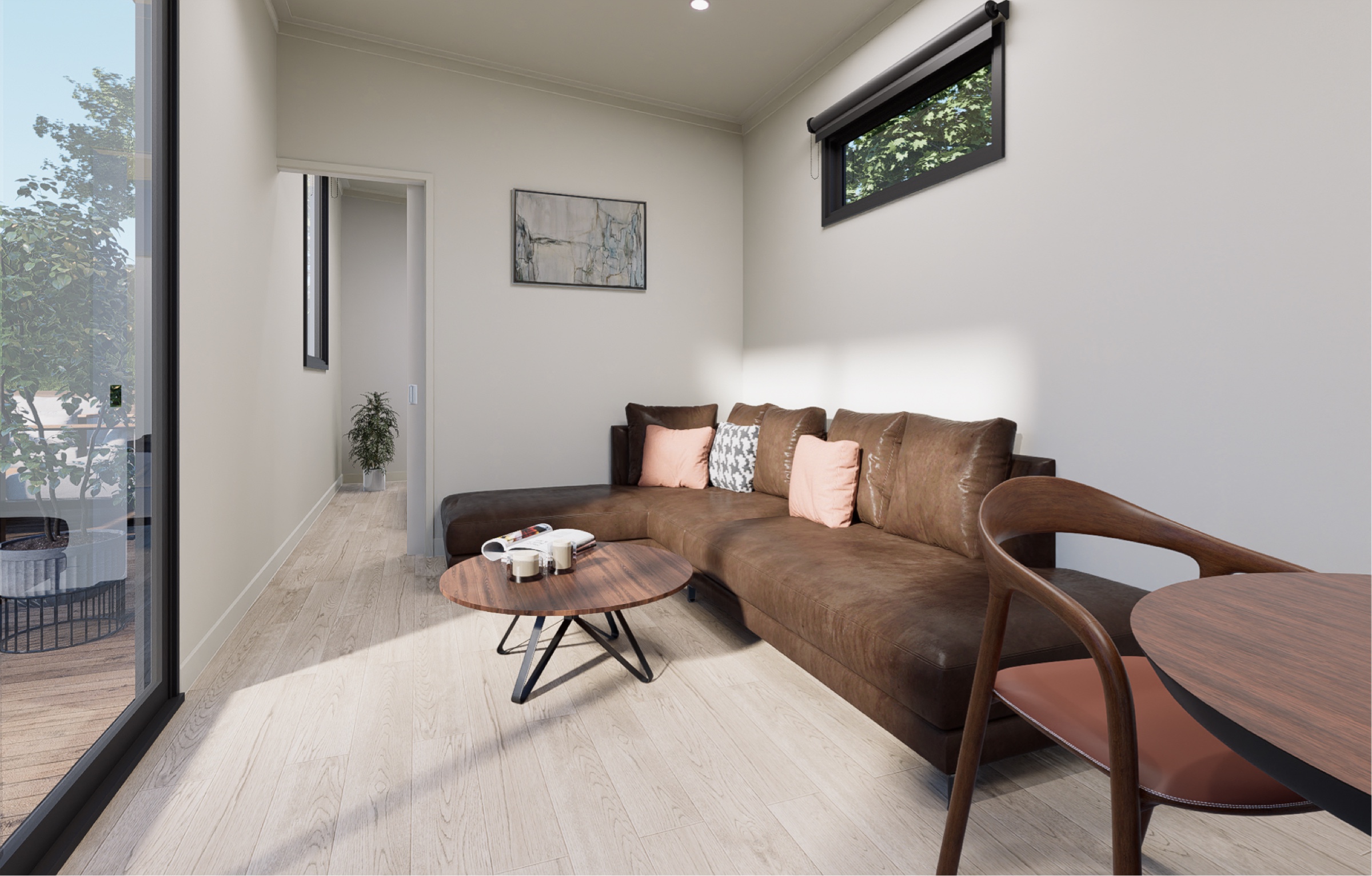 Living space with a sectional sofa and coffee table.