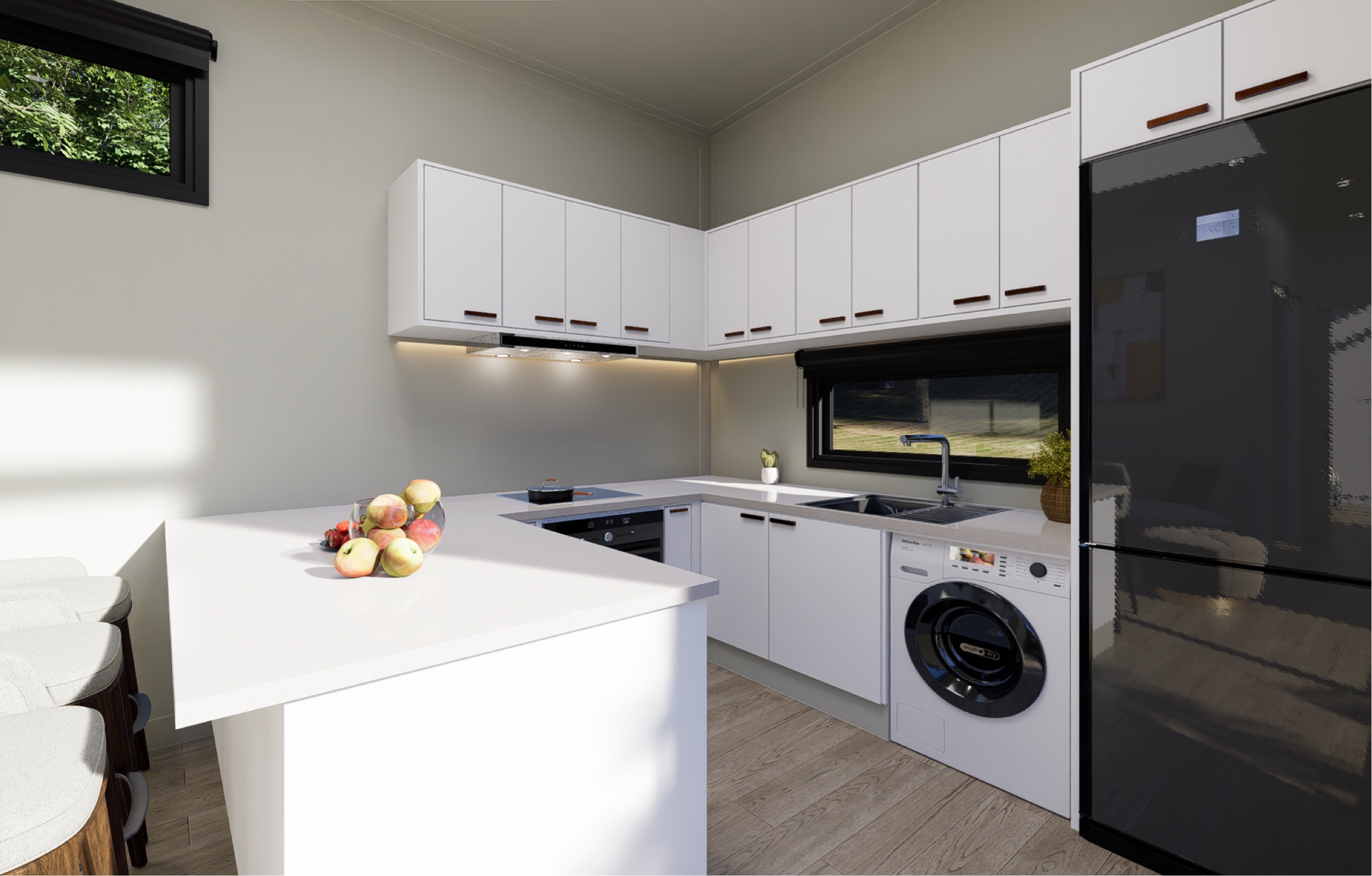 Kitchen with washing machine built in in a Podlife home.