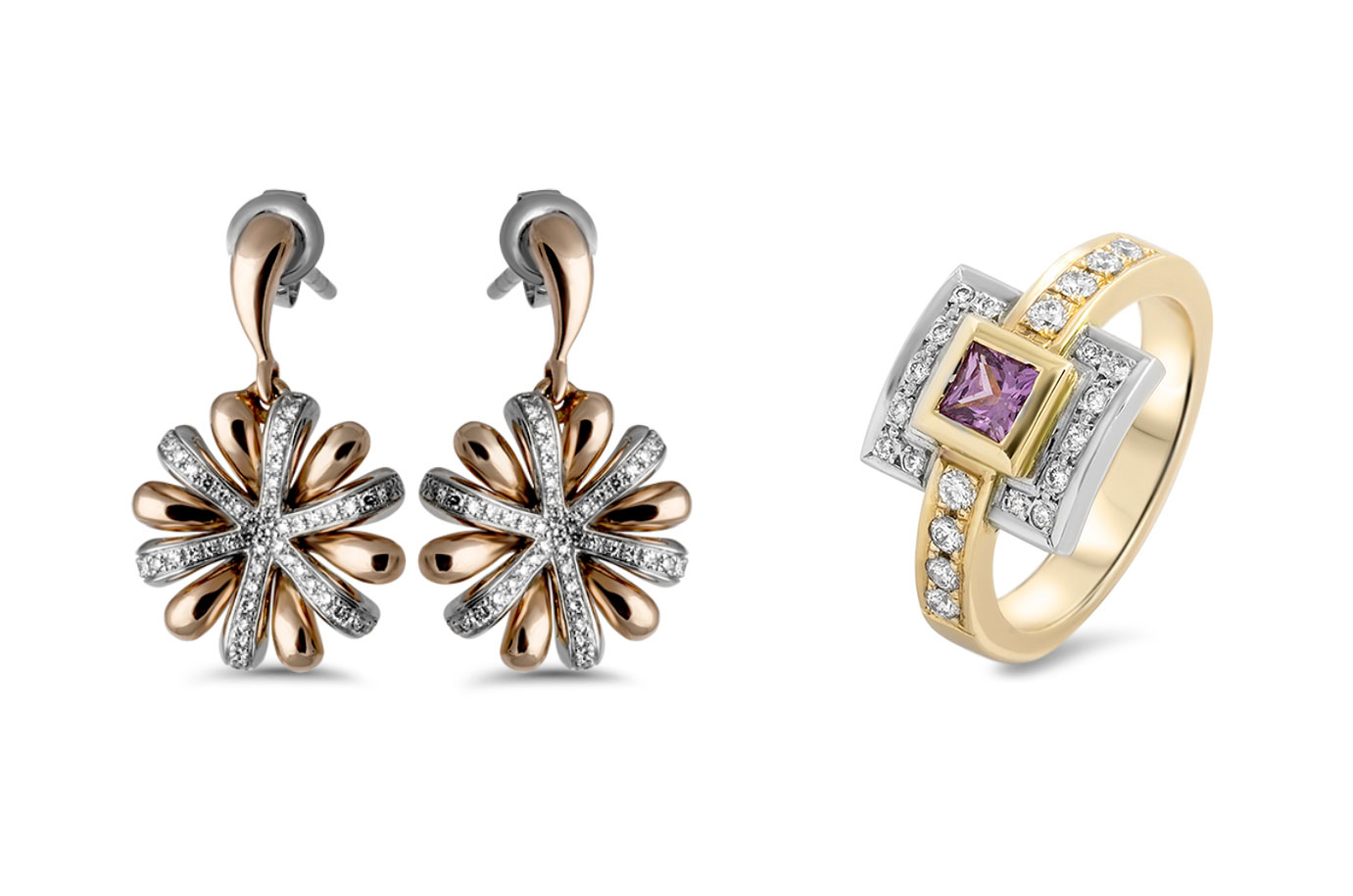 Zero360 product photography featuring earring and ring samples.