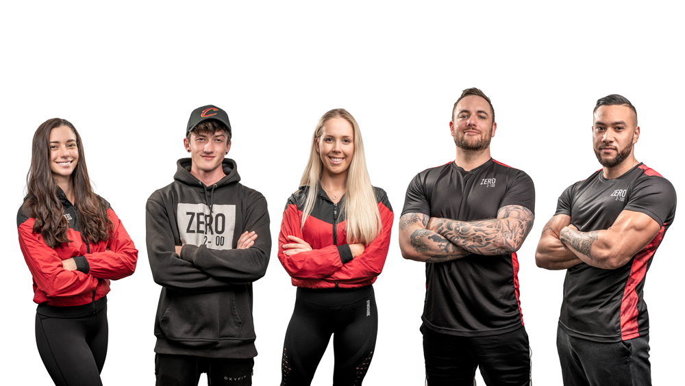 Zero360 team branding example with five people arms crossed over their chests..